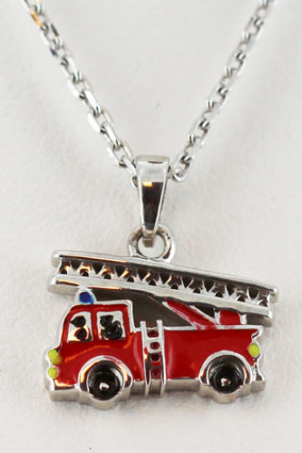  Parure pendentif petit camion de pompier rouge 12 x 9 mm Noir Jaune Laqué avec chaîne argent 925 gourmette 38 cm pour les enfants Clever  